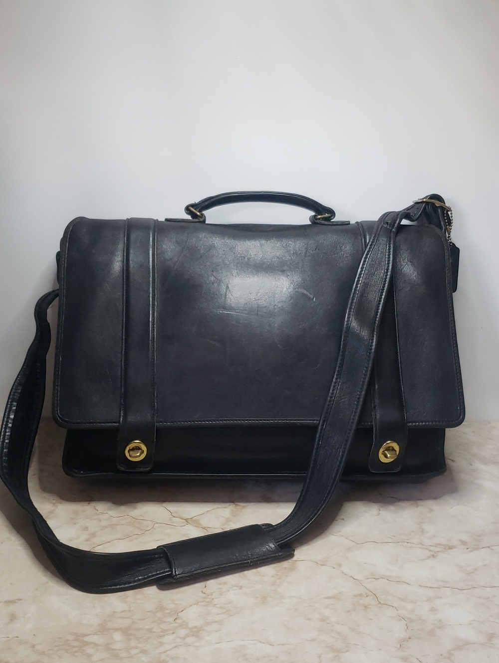 Coach Classic Black Leather Messenger Bag with Shoulder Strap